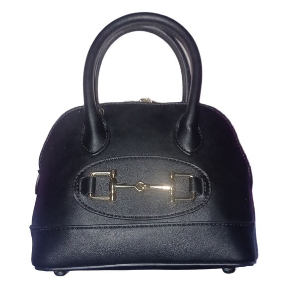 Mini Satchel Convertible Crossbody Bag w/ Horsebit Design, Black, Vegan Leather - Picture 4 of 4